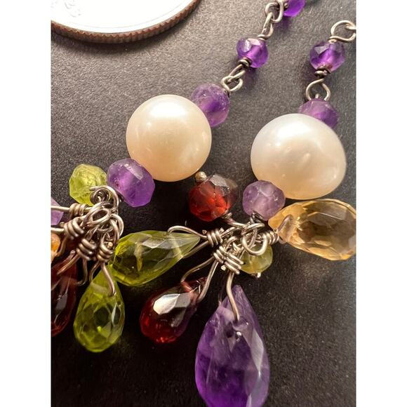 Multi gemstone cluster dangle earrings in sterling silver - Picture 9 of 10